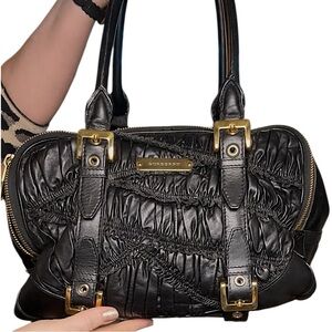 Burberry Black Leather Satchel with Gold Buckles